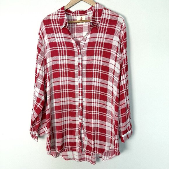 Boho Jane Holiday Plaid Tunic Button Up Womens Medium Christmas Whimsical - Picture 2 of 7